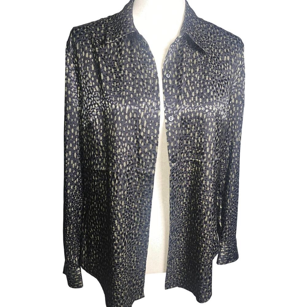 Liverpool Silky Button Up Collared Textured Black and Olive Green Top Small